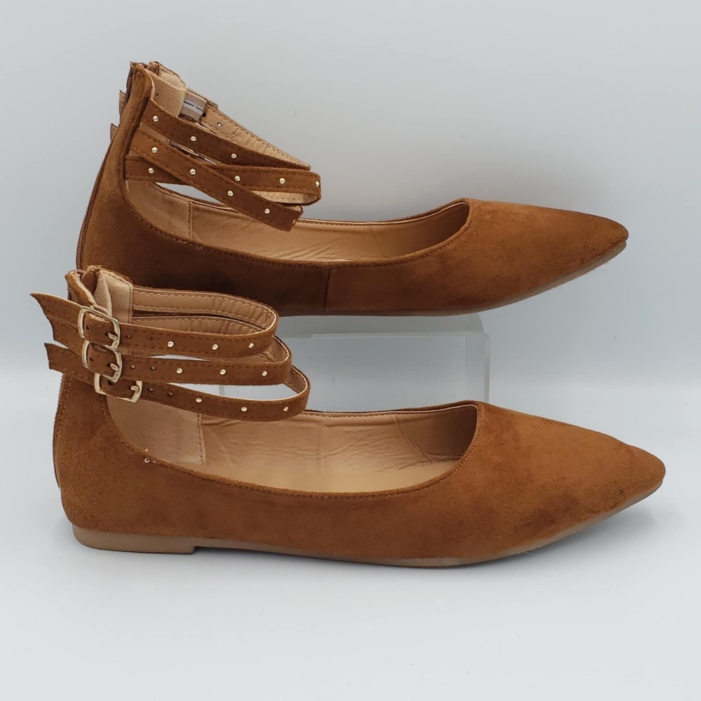Emma New York Comfort Sole Brown Suede Gold Studded Ankle Strap Zip Flats Size 7